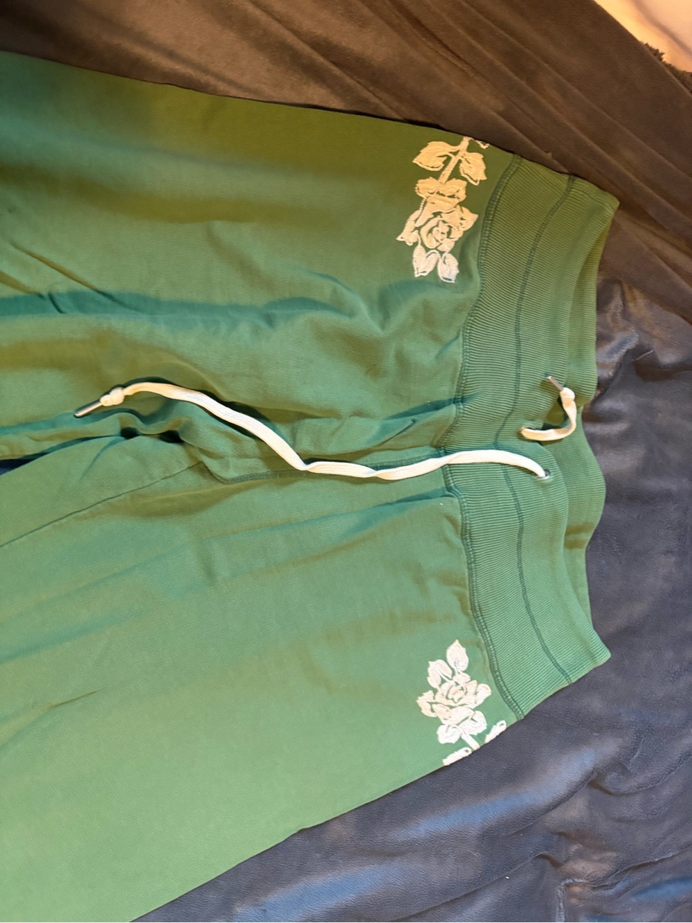 Lucky Brand Green Wide Leg Pants with White Drawstring & Floral Embroidery
